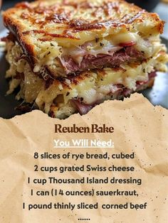 the recipe for reuben bake is displayed on a plate