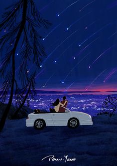 two people sitting in the back of a convertible car at night with stars above them