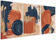 three abstract paintings with orange and blue colors