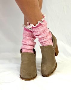 MARLED cotton short lace boot socks - pink A sock must-have for any short boot owner, our marled cotton short lace boot socks provide a soft texture and complement a variety of shoe and boot options. Made with premium cotton marled yarn, these socks are both comfortable and stylish. made in america sock is  8'" from heel to toe cotton blend sock one size fits most women 6-10    cozy and comfortable    rib knit design * Signature socks by Catherine Cole Quality lace socks for women  Women have been calling our lace socks their signature look for many years Fitted Lace Trim Socks For Winter, Fitted Lace Trim Winter Socks, Cozy Mid-calf Spring Socks, Pink Socks For Spring, Cute Knee-high Spring Socks, Cute Lace Trim Socks For Spring, Casual Pink Socks For Fall, Trendy Soft Socks For Spring, Pink Casual Socks For Winter