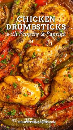 chicken drumsticks with peppers and parsley in a skillet