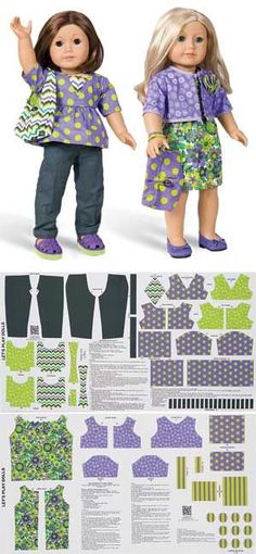 the doll is wearing a purple and green outfit with matching shoes, pants, and headband