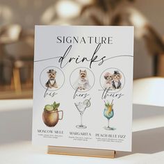 **BUY ANY 3 TEMPLATES, SAVE 40%--> USE CODE SAVE40 AT CHECKOUT PLEASE NOTE - This is a digital download/template. No physical product will be shipped. Once you have placed your order, you will receive a link to edit your template online using the free software Canva. No need to wait - get access immediately! This "Signature Drinks" sign featuring your beloved pets adds a fun, personal touch to your wedding bar! With adorable dog illustrations dressed in wedding attire, this sign showcases your h Pet Drink Menu Wedding, His And Hers Drinks Wedding Dogs, Signature Drink Sign With Dog, Signature Drink Sign Dog, Wedding Drink Menu Sign Dog, Wedding Signature Drinks, Signature Drinks Sign, Drink Signs, Wedding Drink