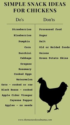 a poster with the words, simple snack ideas for chickens do's and don'ts