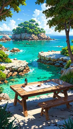 a picnic table sitting on top of a sandy beach next to the ocean with a bottle of wine