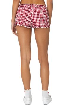 Ruffle-trimmed edges add flouncy charm to these abbreviated shorts with shirred panels and finished in a gingham print. Elastic waist 100% polyester Machine wash, dry flat Imported Reveal Outfits, Random Clothes, Contemporary Accessories, Gingham Shorts, Gingham Tops, Red Gingham, Birthday Photo, Gingham Print, Designer Clothes For Men