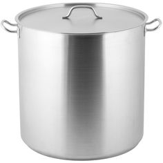 stainless steel stock pot with lid and handles on an isolated white background for use in cooking