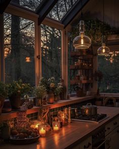 a kitchen filled with lots of plants and candles