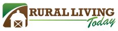 the rural living today logo is shown in brown, green and white with an image of a