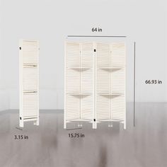 three white wooden shutters are shown with measurements for each one and the other side