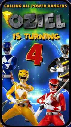 the power rangers birthday party poster with four different characters in yellow and blue costumes, all wearing