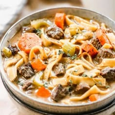 a bowl of beef noodle soup with carrots and parsley