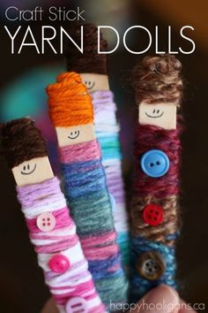 three yarn stick crafts with buttons on them and the words craft stick yarn dolls written in white