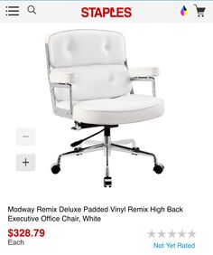 an office chair with wheels and white leather upholstered on the back, viewed from the front