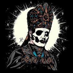 a skeleton wearing a turban with stars in the background