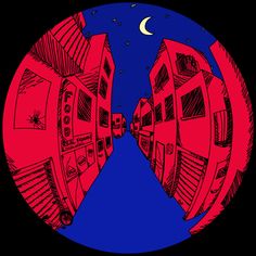 two red and blue buildings are seen in the middle of a circular image with a half moon