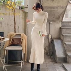 Female Waist, Dress Korean, Korean Dress, Knitted Dress, Maxi Knit Dress, Slim Dresses, Dope Outfits, Knit Midi Dress