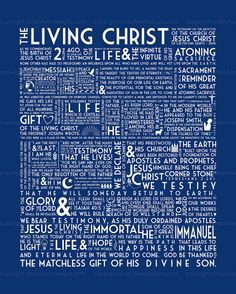 the living christ book cover with words written in white on a blue background and an image of