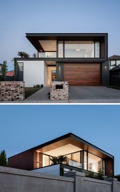 two images show the front and side of a modern house with large windows, an open garage