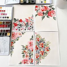 four watercolor paintings with flowers on them next to some paintbrushes and paints