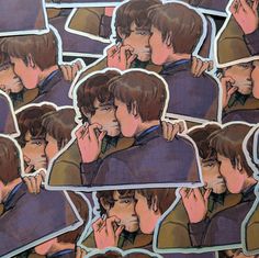 many stickers of the same person kissing each other with their hands on their cheeks