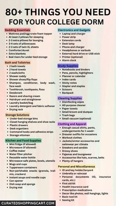 the college dorm checklist is shown in purple and green colors with text that reads 80 + things you need for your college dorm