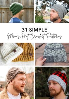 men's and women's crochet hats with text overlay that says 31 simple men's and women's crochet patterns