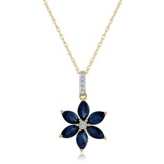 Add a colorful accent and charming style to any look with this dainty blue sapphire and diamond accent flower pendant. Crafted in classic 14K yellow gold, this pendant features six marquise brilliant cut blue sapphires, enhanced by six round single cut diamonds. This lovely pendant hangs from a matching 18-inch rope chain. | Blue Sapphire & Diamond Accent Flower Pendant Necklace | 14K Yellow Gold | Size 18" | Helzberg Diamonds Blue Flower Necklace, Helzberg Diamonds, Blue Sapphire Diamond, Flower Pendant Necklace, Floral Necklace, Sapphire Stone, Gold Price, Fine Jewelry Gift, Sapphire Diamond