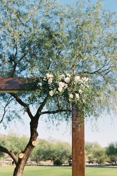 an outdoor ceremony setup with white flowers and greenery on the arborette, in front of a tree