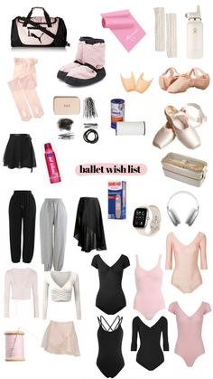 ballet clothes and accessories are arranged on a white background with text that reads ballet outfits list