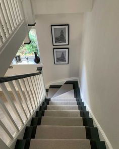 a staircase with black and white carpeting next to pictures on the wall above it