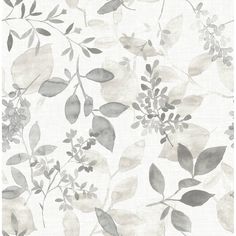 a white and grey floral wallpaper with leaves on the back drop in neutral tones