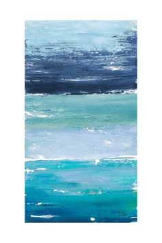 an abstract painting with blue, green and white colors on the ocean waves in water