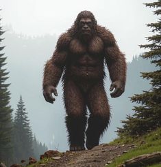 a bigfoot standing on top of a lush green hillside