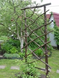 a wooden trellis in the middle of a yard with trees and plants around it