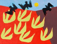 a painting with birds flying over a red hill