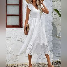 New Boho Embroidered Eyelet Lace Long Dress * Flutter Short Sleeve * V Neck * Stretch Smocked Top * Stretch High Waist * Flared A Line Skirt * Ruffle Hem *Approx. Unstretched Measurements* Small (4) *Bust 27.5"(Up To 35.25") *Waist 25.25" (Up To 27.5") * Length 47" Medium (6) *Bust 29"(Up To 38") *Waist 26.75"(Up To 29) * Length 47.5" Large (8/10) *Bust 31.5"(Up To 39.5") *Waist 29"(Up To 31.5) * Length 48.25" Xl (12) *Bust 34"(Up To 41.75") *Waist 31.5"(Up To 34") * Length 49.25" On Order* Will Crochet Birthday, Long Dress White, Flowy Sundress, Lace Long Dress, Sleeve Long Dress, Skirt Ruffle, Preppy Fall, Smocked Top, Lace Dress Long