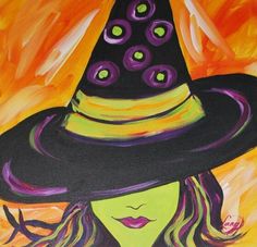 a painting of a woman wearing a witches hat