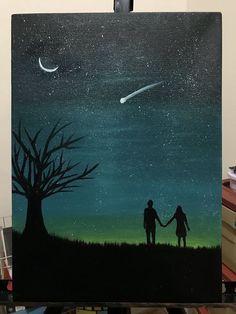 an acrylic painting of two people holding hands in front of a night sky