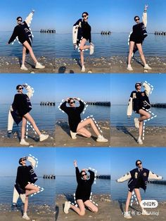 a woman is posing on the beach with her legs crossed and arms in the air