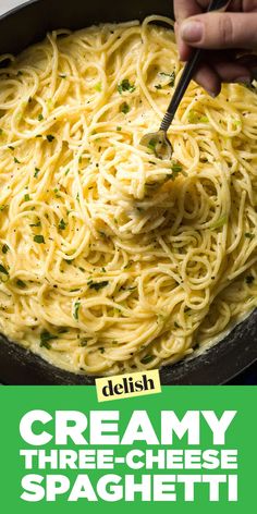 the cover of delish's creamy three - cheese spaghetti is shown with a fork in it