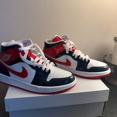 Woman’s Air Jordan 1 Mid Brand New 7.5 Midnight Navy/University Red Jordan 1 Mid Women, High Top Jordans, Air Jordan Low, Jordan Retro 11, Nike Air Jordan 6, Rare Sneakers, Jordan 4s, Nike Air Jordan 11, Womens Air Jordans