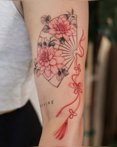 @doraahuuu.art on ig Japanese Fan Tattoo, Charm Tattoo, Fan Tattoo, Cool Wrist Tattoos, Theme Tattoo, Floral Tattoo Sleeve, Red Ink Tattoos, Asian Tattoos, Pretty Tattoos For Women