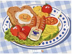 a plate full of food with an egg and some other foods on top of it