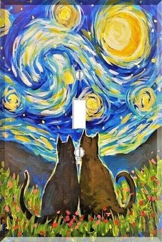 two cats sitting in front of a light switch cover with the starr night painting on it