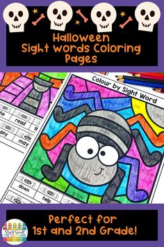 halloween themed sight words coloring pages for 1st and 2nd grade students with skulls on the background