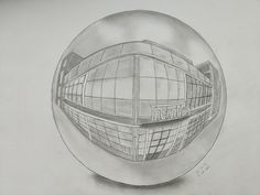 a drawing of a building in a glass ball