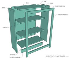 the parts of a bookcase are shown in this diagram, including shelves and drawers