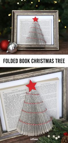 the folded book christmas tree is shown in two different frames