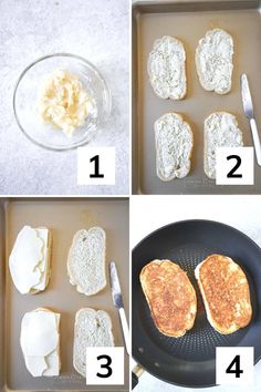 four pictures showing the steps to make an english muffin sandwich with butter and eggs